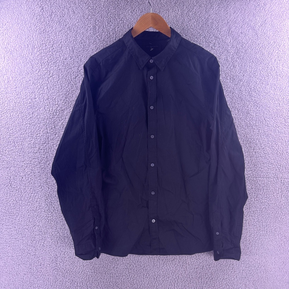 AllSaints Mens Black Long Sleeve Button Down Stretch Shirt XL Ramskull Logo